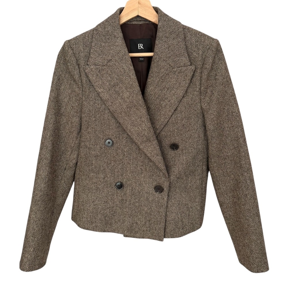 Banana Republic Dark Academia Fabbrica Alta Wool Crop Herringbone Blazer Tan‎ 2